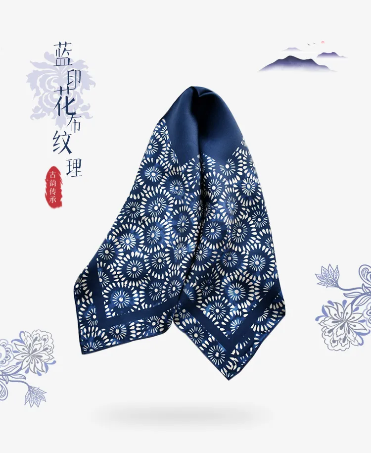 Sciarpa naturale blu navy in stile cinese da donna con fiore stampato 100% vero twill di seta 50 cm piccolo quadrato avvolgente regalo da donna di lusso