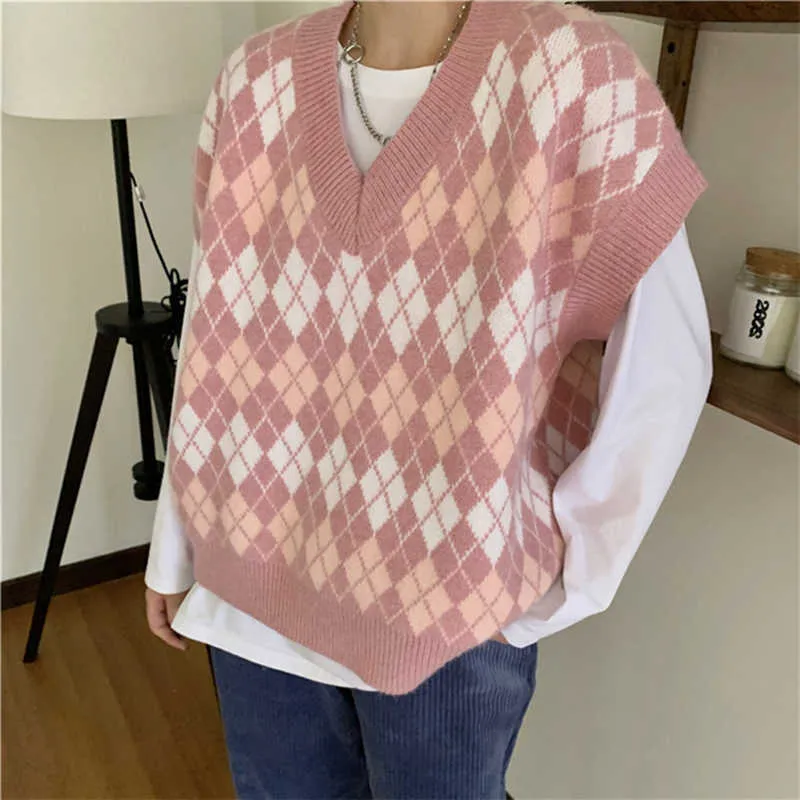 Aelegantmis Vintage Argyle Pull Cardigan Femmes Rose Chandails Tricotés Gilet Lâche Casual Plaid Sans Manches Pulls Femme Kawaii 210607