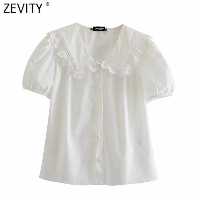 Zevity Women Sweet Lace Stitch Big Town Down Collarカジュアルスモックブラウス女性半袖Poplin ShirtシックBlusas Tops LS9261 210603