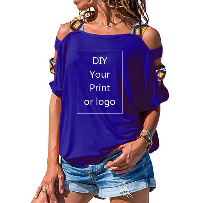 T-shirt imprimé personnalisé pour les femmes bricolage votre photo ou haut T-shirt Femme à manches courtes Sexy évider haut à épaules Y0621