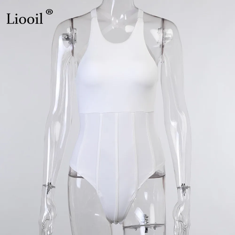 Liooil Patchwork Tuta bianca Top Tuta attillata sexy donna Pagliaccetto Streetwear Tuta aderente senza schienale senza maniche 210306