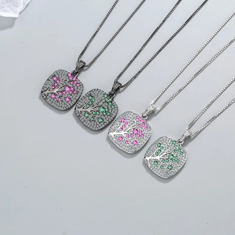 Fashion Black Gold Tree Necklace Jewelry 925 Sterling Silver Women Pendant Green Pink Zircon Square Girl Necklaces XDZ546