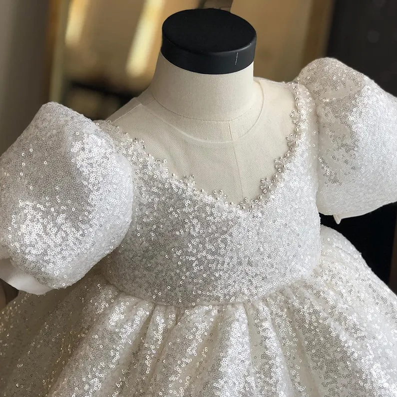 Luxe witte bling lovertjes meisjes pageant jurken pluizig off the shoulder ruches bloem meisje jurken baljurken kleine baby feestjurken voor meisjes