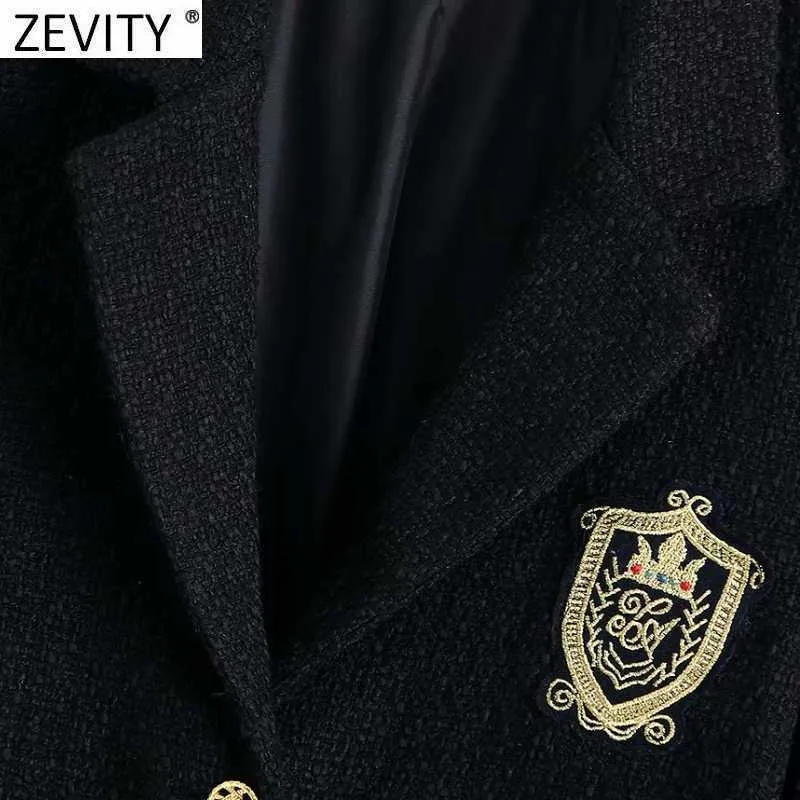 Zevity Women England Style Badge Patch Petto Blazer di lana Cappotto Vintage Tasche a maniche lunghe Capispalla femminile Chic Top CT663 210603