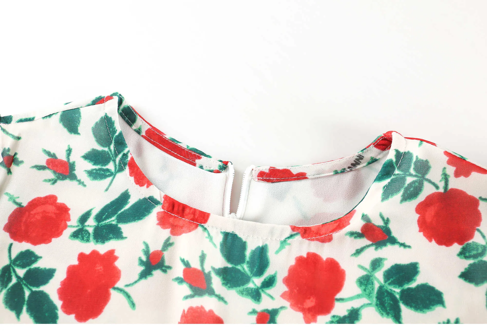 Vår sommar mode vintage rose print puff ärmar casual en linje klänningar kvinnor 210615