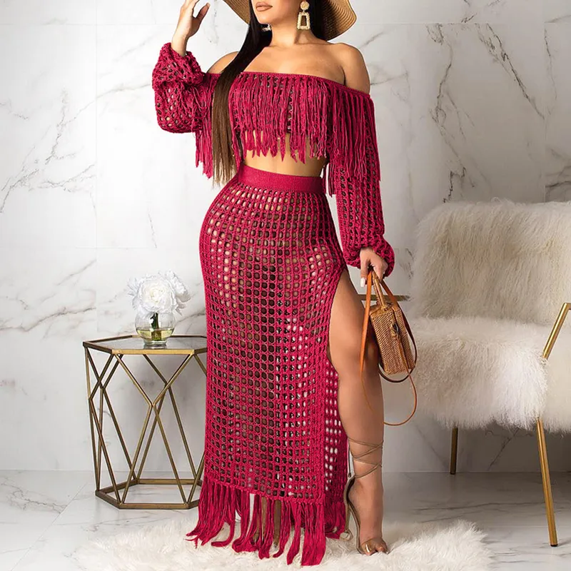 Summer Crochet Dress Beach Wear Crop Top And Skirt Set For Women Long Sleeve Tassels Slash Neck Two Knit Sets 220314