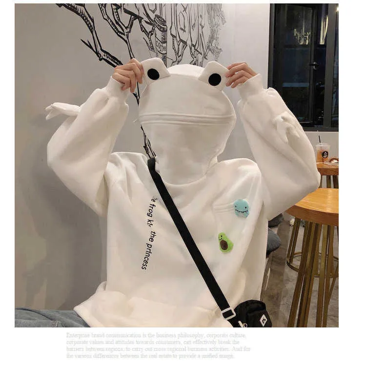 Springtime Embroidery Frog Sweghirt Shirt Shirt Men and Women's Harajuku Warm Pullover Womens Corean Hoodie 211006