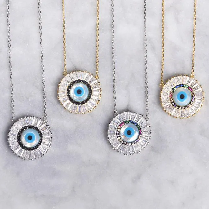 Colliers CZ turcs, grande pierre arc-en-ciel blanche, pendentif rond mauvais œil, collier pour femmes, bijoux pour filles