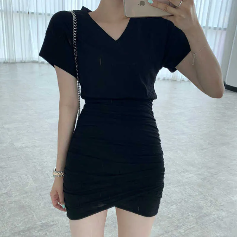 Korejpaa Kobiety Dress Summer Korea Chic Panie Proste Odchudzanie V-Neck Miękkie Skóry Slim Fit Casual Wrap Vestidos 210526