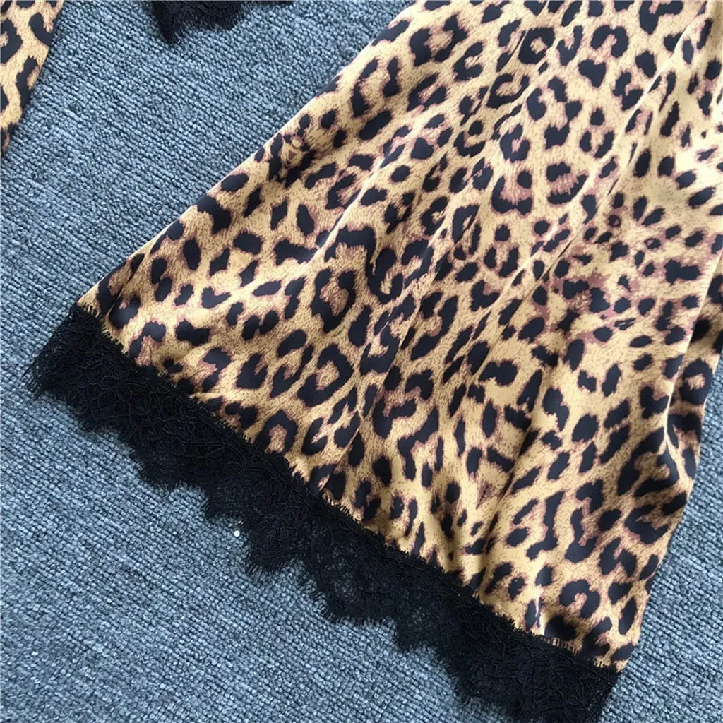 Sexy Leopard Pyjama Satin Seide Spitze Roben Nachthemd Leibchen Shorts Anzug Set Bademantel Unterwäsche Nachtwäsche Hause Tragen Y200429