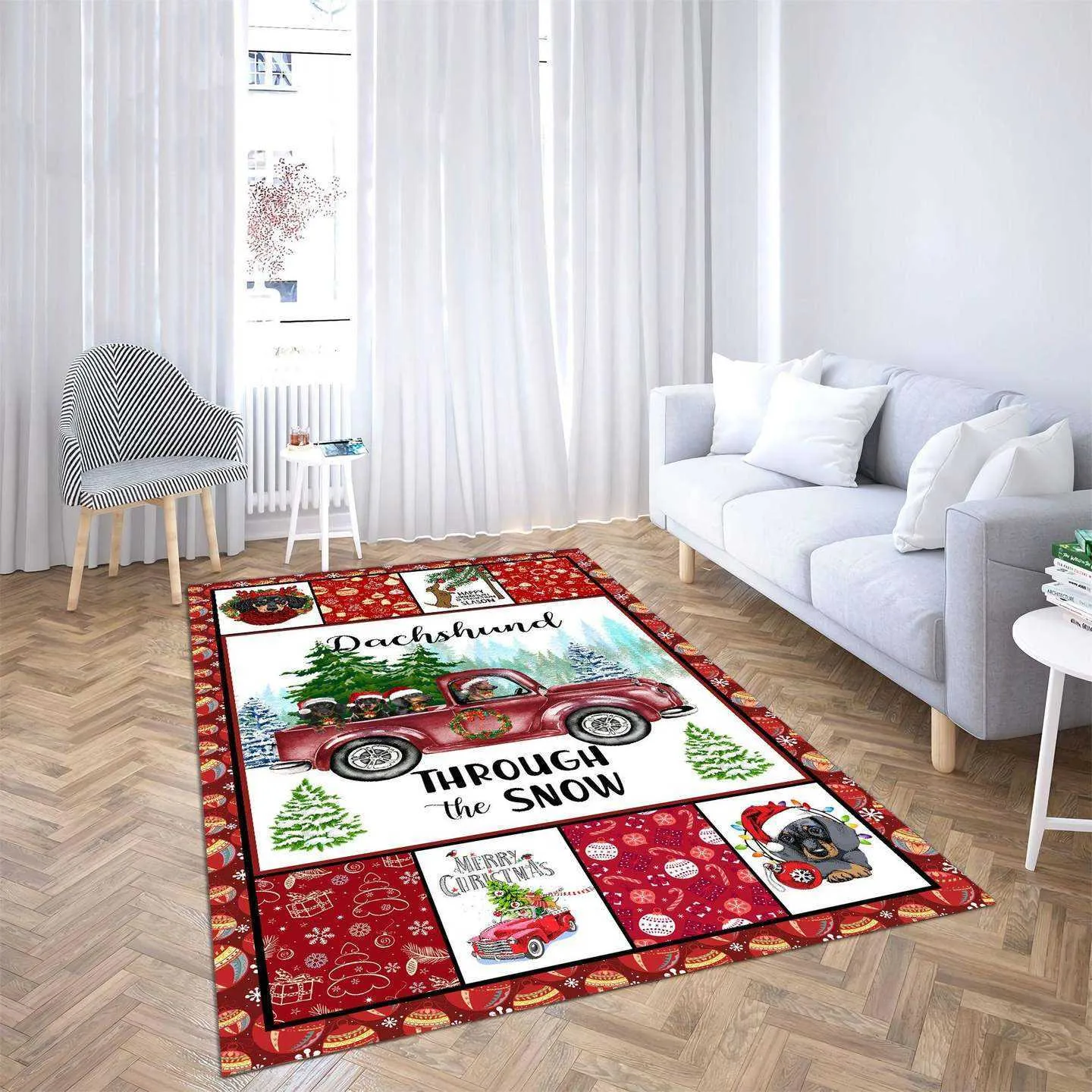 Christmas Red Truck Snowy Living 3D Printed Rugs Mat Anti-slip Large Rug Carpet Home Decoration 211026