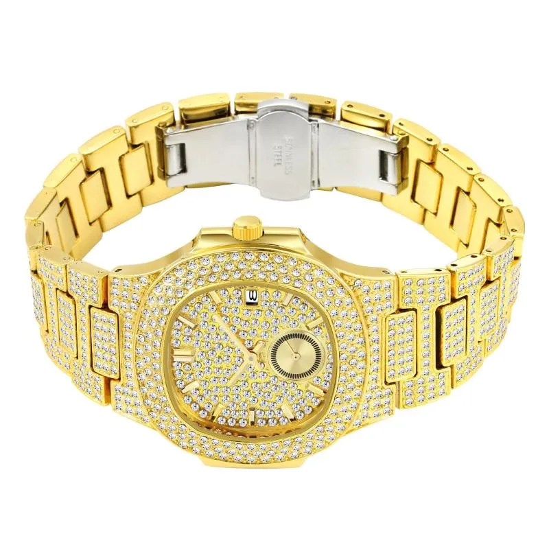 Classic 18K Gold Watch Mężczyźni luksusowe lodowatą full diamentowe zegarki męskie pełne stalowe mody kwarcowe zegarek cz hip hop reloJ hombre253J