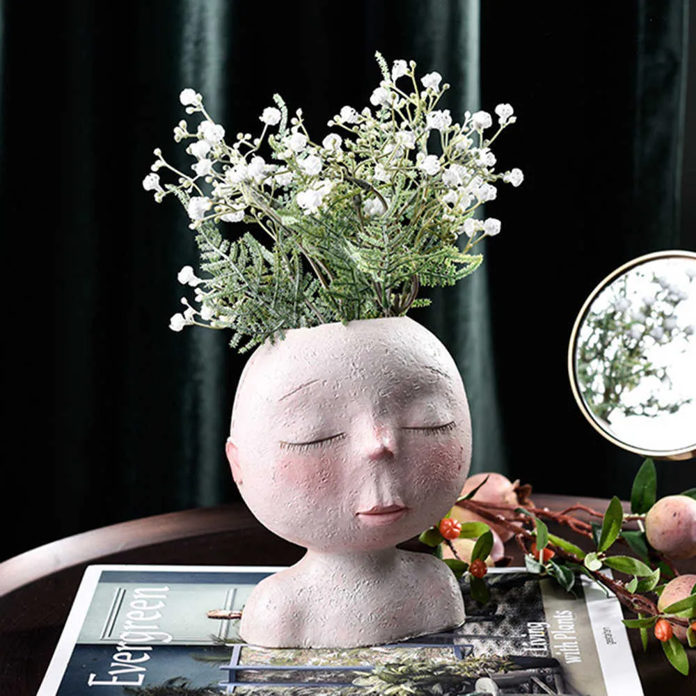 Nordic Creative Resin Human Head Wazon Art Kwiat Układ Doll Rzeźba Kwiat Doniczkowy Roślina Strona główna Ogród Dekoracja 210623