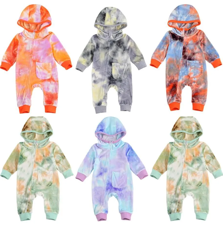 Neonato Neonato Ragazze Velluto Cerniera Pagliaccetto Manica lunga Tie Dye Stampa Pagliaccetto Tuta Neonate Autunno Indumenti da notte Vestiti4867485