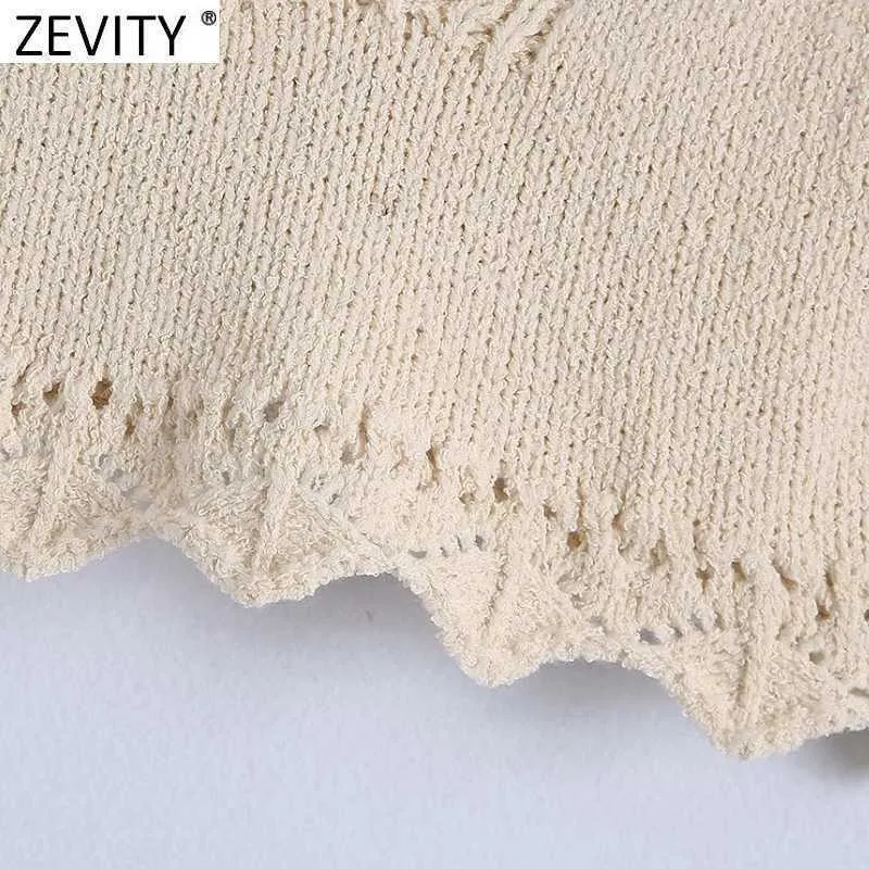 Zevity Frauen Mode V-ausschnitt Jacquard Häkeln Stricken Pullover Weibliche Grundlegende Spaghetti Strap Welle Kurze Weste Chic Crop Tops SW812 210915