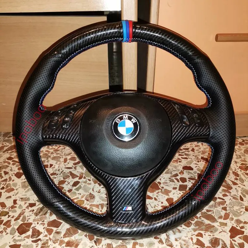 5d kolfiber svart hål läder handsesy wrap rattskydd för BMW E46 E39 330i 540i 525i 530i 330ci M3 2001-2003336T