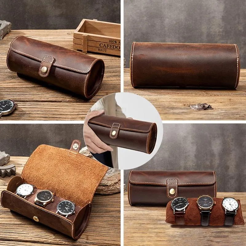 Uhrenboxen Hüllen Reiseetui Rollorganisator Vintage Exquisite runde Form Leder Aufbewahrungstasche Einzigartige Geschenke für Vater Ehemann L219d