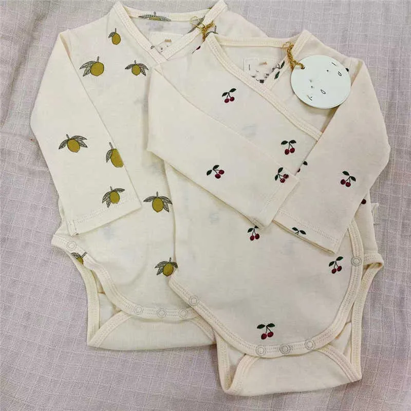 Organic Cotton Baby Long Sleeve Romper Pants Sets Born Cherry Lemon Floral Pattern Brand Clothes Quality K* 210619
