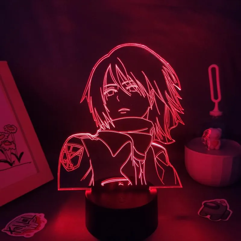 Nocne światła 3D lampa lawowa manga Mikasa Ackerman Atak na tytan anime figurki LED RGB Neon Bateria Bateria Decor Decor dla domu257e