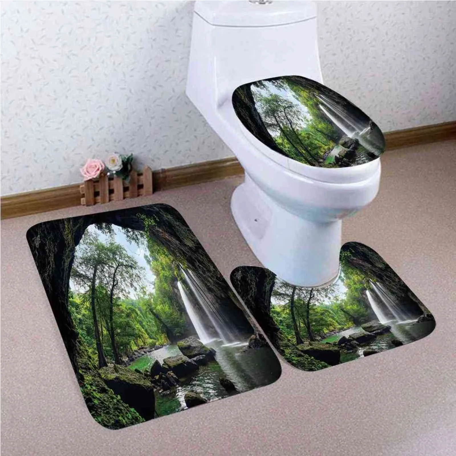 3D ландшафтный лесной водопад ткань душевые занавески деревьев напечатанные ванные комнаты набор ванной коврик для ванной коврик