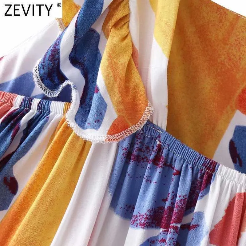 Zevity Femmes Vintage Col Carré Plissé Volants Graffiti Imprimer Mini Robe Femme Casual Robe Chic Beach Style Robes DS8384 210603