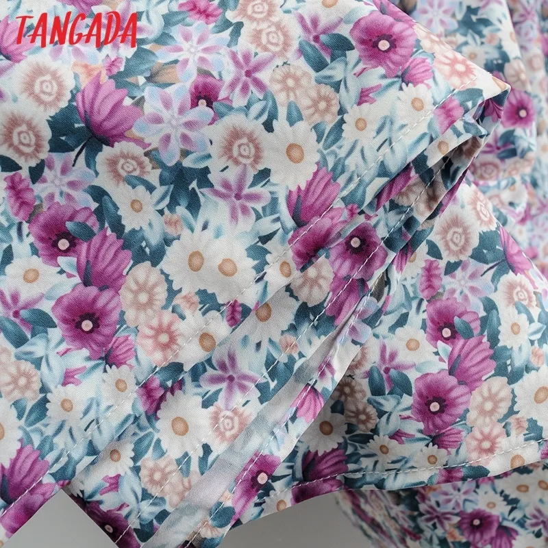 Tangada Femmes plissées fleurs imprimées robe longue o cou manches courtes 2021 robe dames d'été vestidos SY211 210316