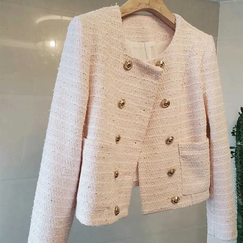 Runway Vintage Stylish Golden Double-Breasted Frayed Tweed Jacket Coat Women's Ladies Outerwear Casual Casaco Femme 210529