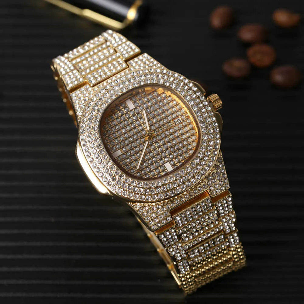 Luxury Men Gold Silver Color Watch & Necklace Combo Set Necklace Chain Ice Out Cuban Watch Hip Hop Stylish Hip Hop For Men H1022