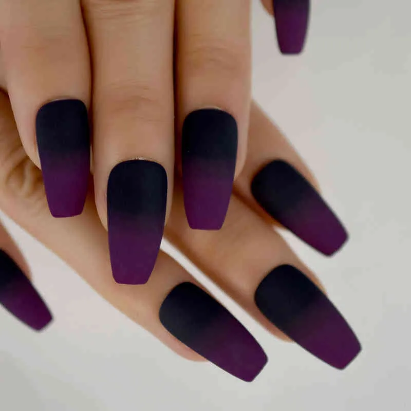Valse nagels matte platte kist Franse nagels nep-pers op lange medium ombre paars zwart herbruikbare kunstmatige acryl nail art tips 220225