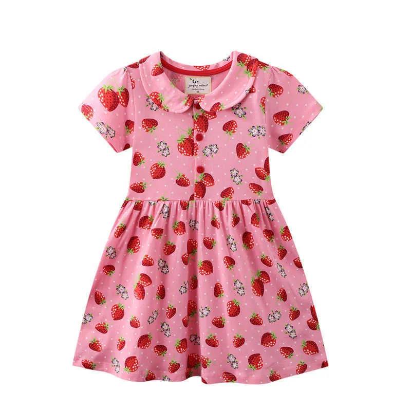 Jumping Meters Sommer-Prinzessin-Mädchen-Kleider mit Erdbeer-Print-Kragen, Mode-Party, Geburtstag, Baby 210529