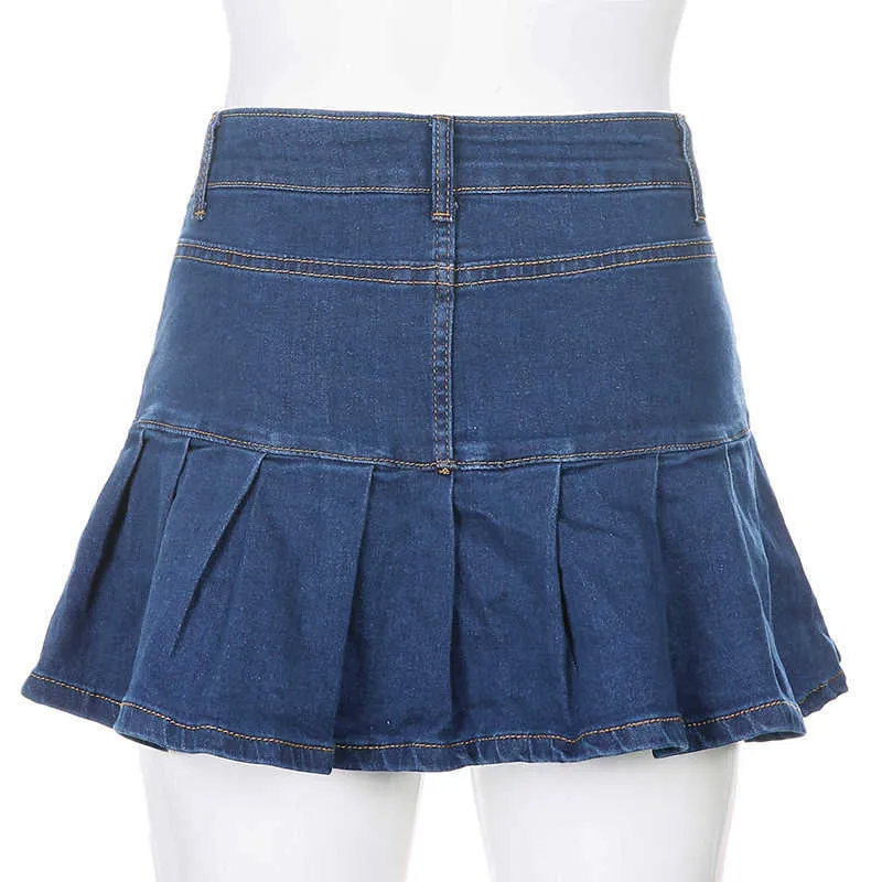 Rapcopter femmes jean jupes taille haute plissé fermeture éclair Mini été 90S Streetwear bas Y2K maigre bleu jupe 210629