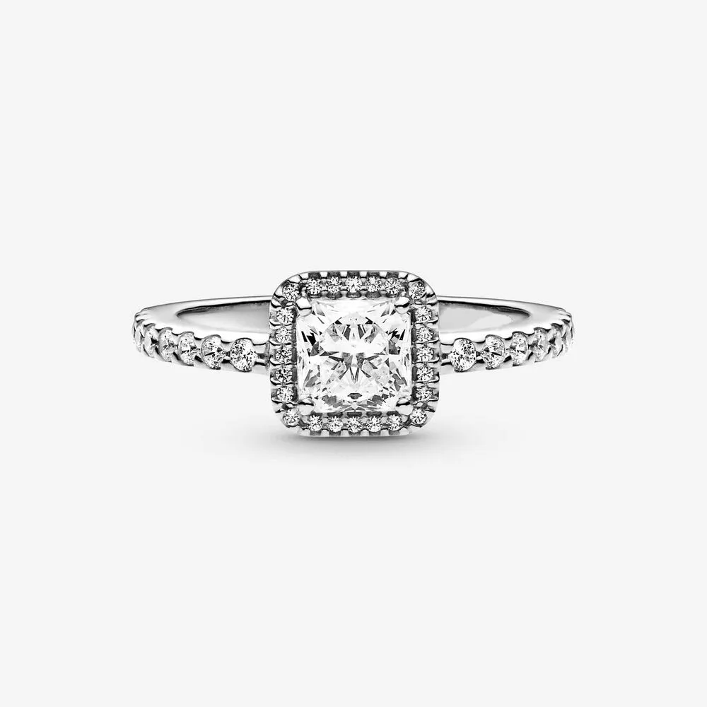 Nieuwe Merk 100% 925 Sterling Zilver Blauw Vierkant Sparkle Halo Ring Voor Vrouwen Trouwringen Mode Jewelry289d