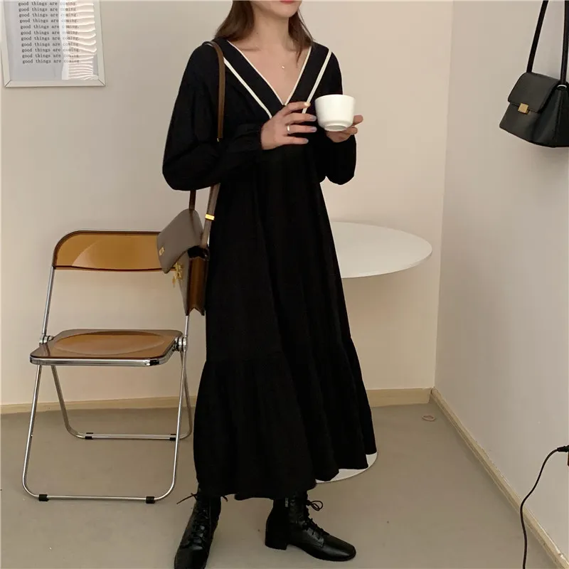 Korean Chic V Neck Full Sleeve Black Maternity Dress For Women Elegant ...
