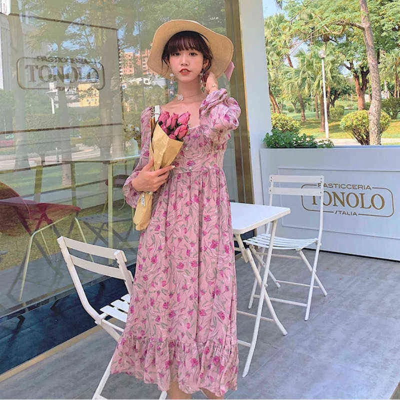 Abito floreale elegante rosa Abito longuette in chiffon con stampa autunnale da donna Abito casual femminile coreano dolce 2021 primavera Y1204