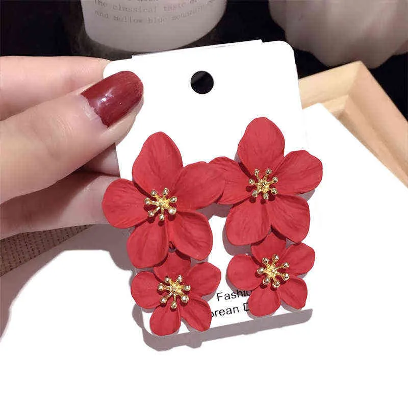 Red Flower Earrings for Women 2020 Double Layers Statement Hanging Pendientes Dangling Fashion Jewelry Yellow Bijoux Bo3179089