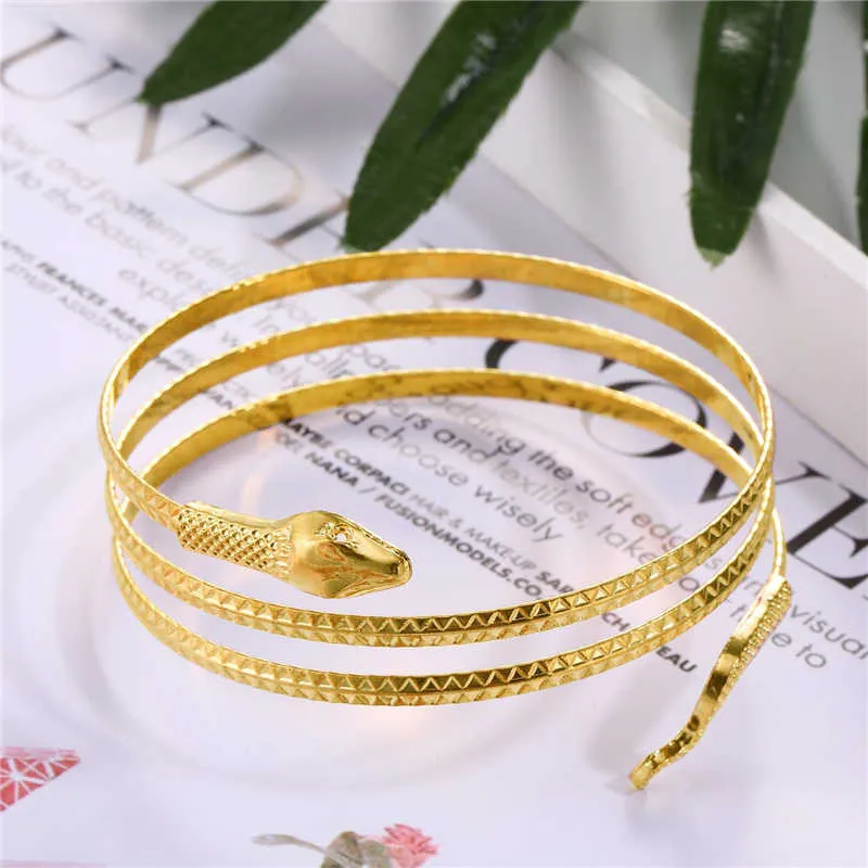 Ethnische Gold Einfache Draht Schlange Arm Armreifen Für Frauen Mädchen Oberarm Band Schmuck Mode Manschette Verstellbare Armreif Performance Armband Q0719