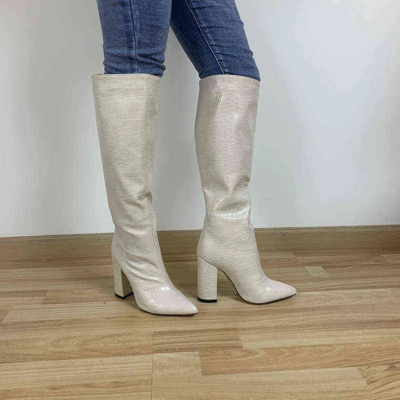 Winter Faux Leather Women Knee High Boots spetsade tå Långa chunky block klackar skor storlek 41 42 43 220111