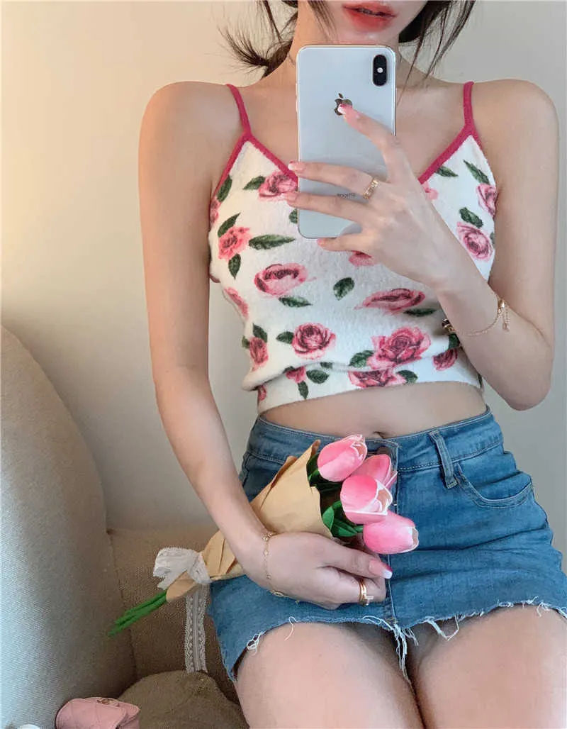 Rose Foral Impresso Crop Top Mulheres Grunge Fairy Bustier S Espartilho Camisa Bonito Tanque Doce 210529