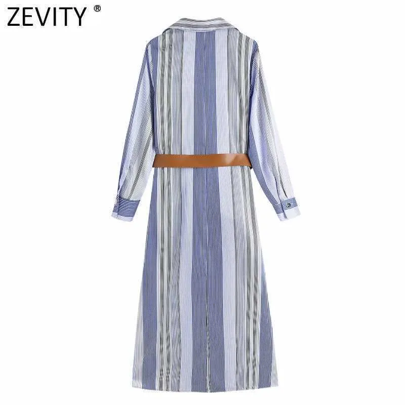 Zevity Womenビンテージコントラストストライプ印刷シングルブレストシャツドレスオフィスレディシックサイドスプリットサッシvestido DS8207 210603