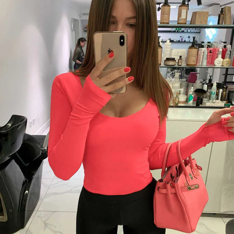 Colysmo neon bodycon sexig bodysuit långärmad kvadratisk hals lågskuren bodysuiter kvinna kläder party outfits overalls kropp mujer 210527