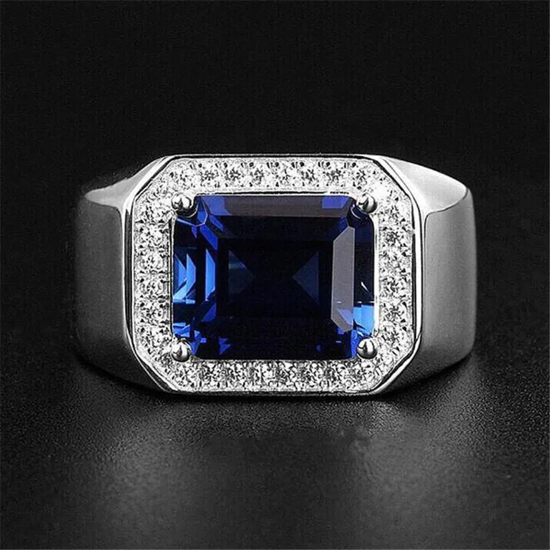 Ręcznie robione obrączki Prosta biżuteria modowa 925 Srebrny Radiant Cut Blue Sapphire Sapphire Party Męski Zespół zaręczynowy Rin For Men Prezent