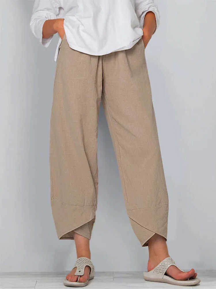 Pantalones Harem Mujer Pantalones de verano Casual Cintura elástica Algodón Lino Pierna ancha Pantalones sueltos Ropa de talla grande 210925