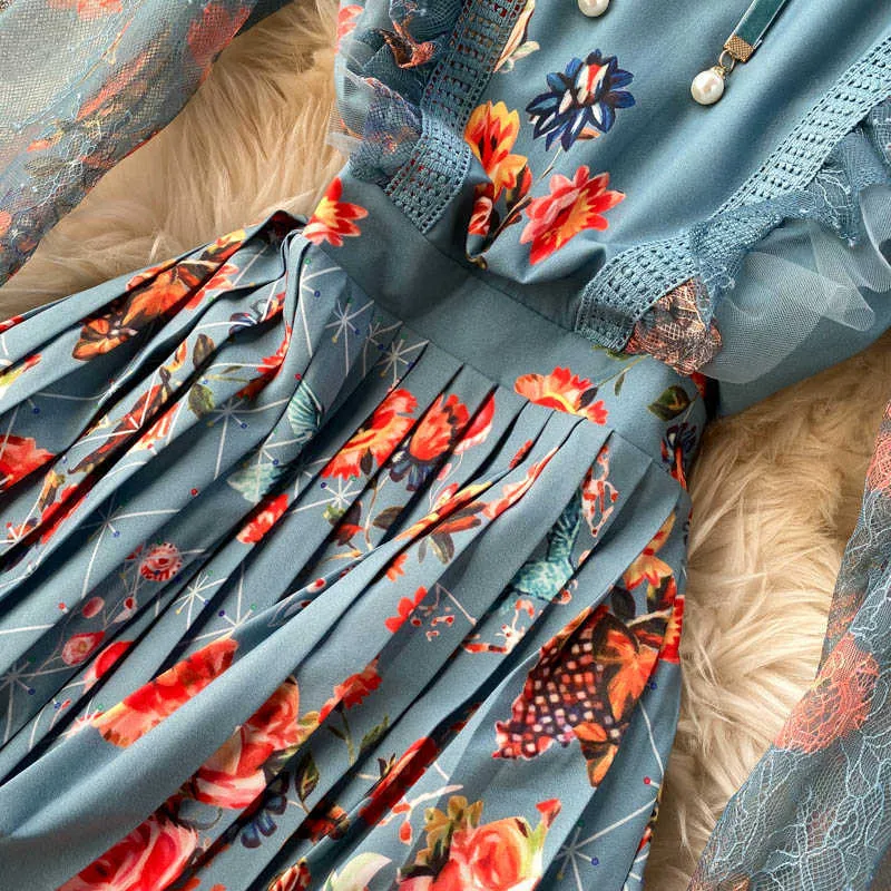 Женщины Бохо Флористическое плиссированное платье дизайн кружева с длинным рукавом оборки A-line платье осень ретро печать суд ветер MIDI платье 210602