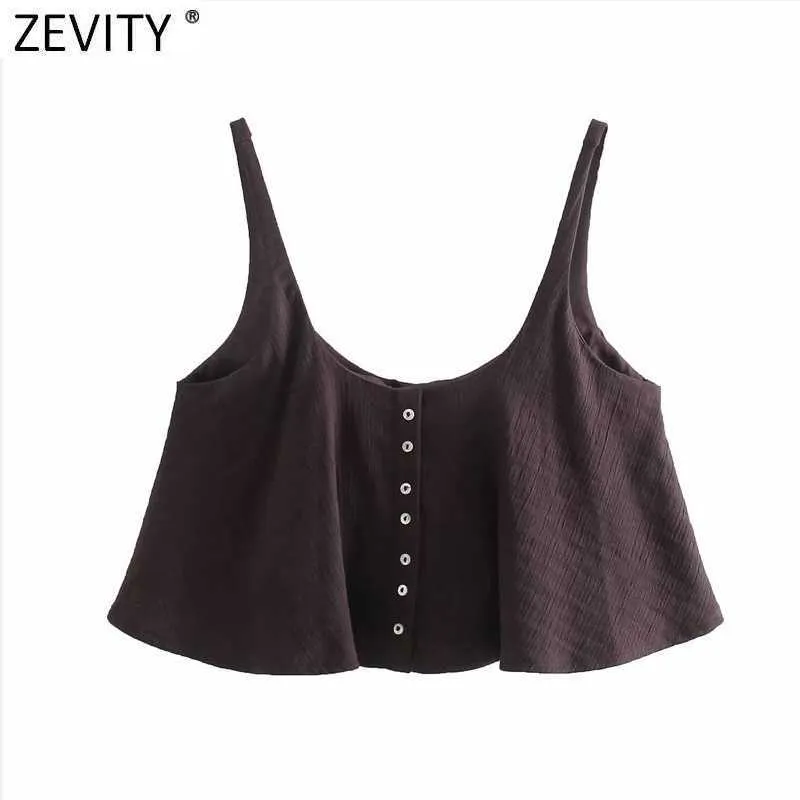 Zevity Donna Moda Tinta unita Texture Corta Grembiule Camicetta Donna Senza maniche Maglia casual Camicia Chic Beach Blusas Top LS9267 210603