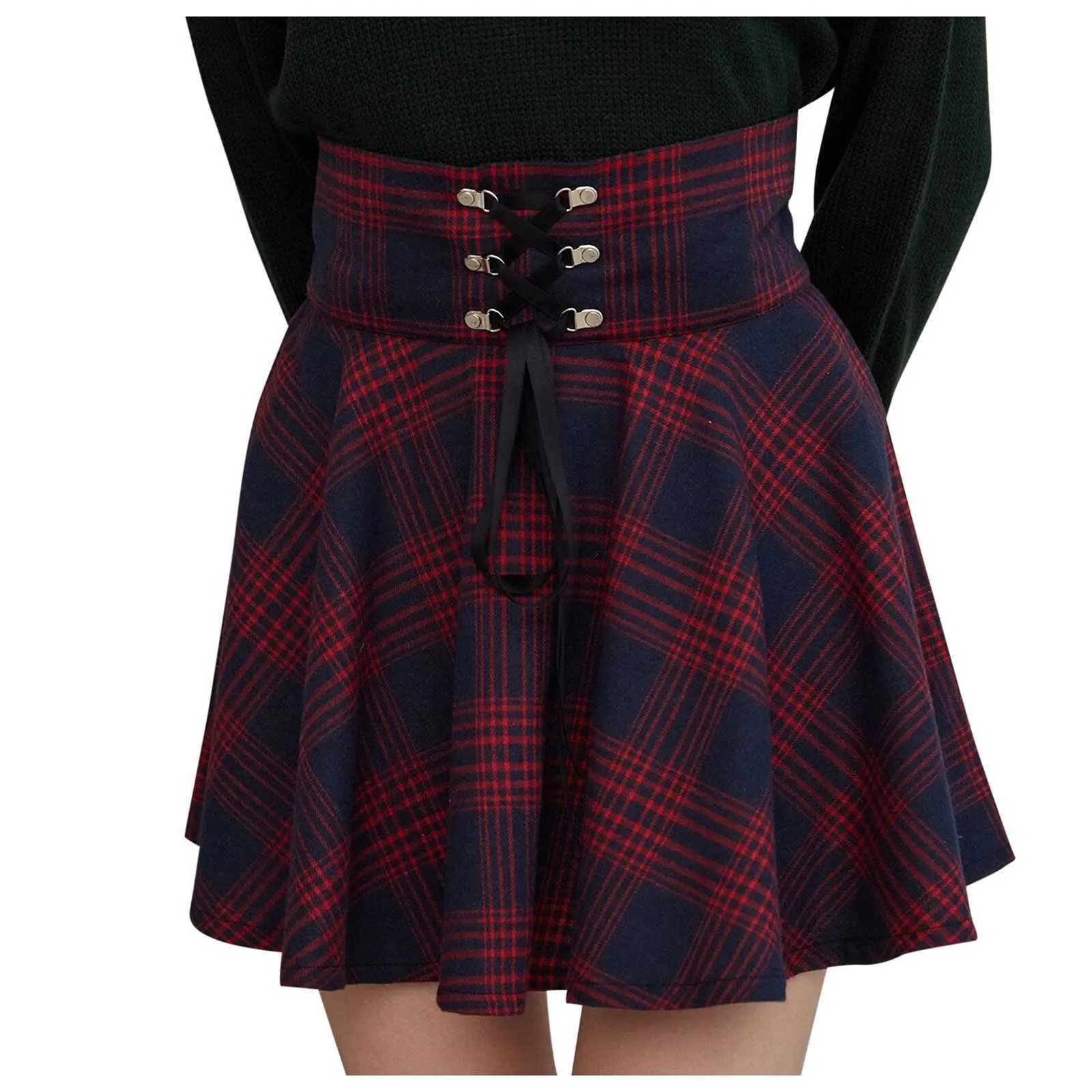 Mode vintage kvinnor scotland plaid bandage hög midja stor swing bomull tartan kjol sexig plaid pläted s 210708