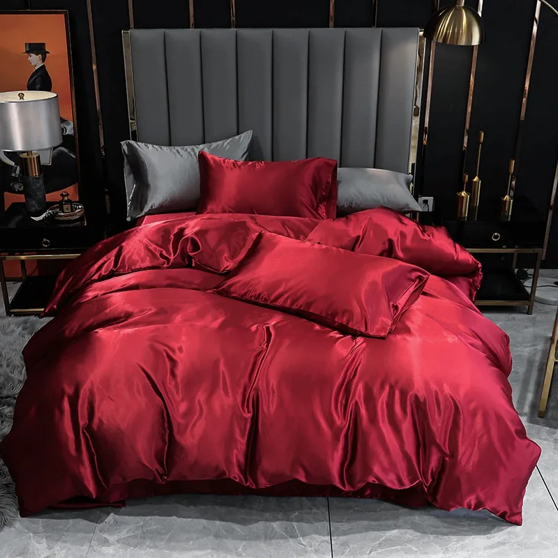 Luxury Artificial Silk Satin Bedding Set Solid Duvet Cover Pillowcases Bed Linens Single Double Queen King 220x240 No Bed Sheet