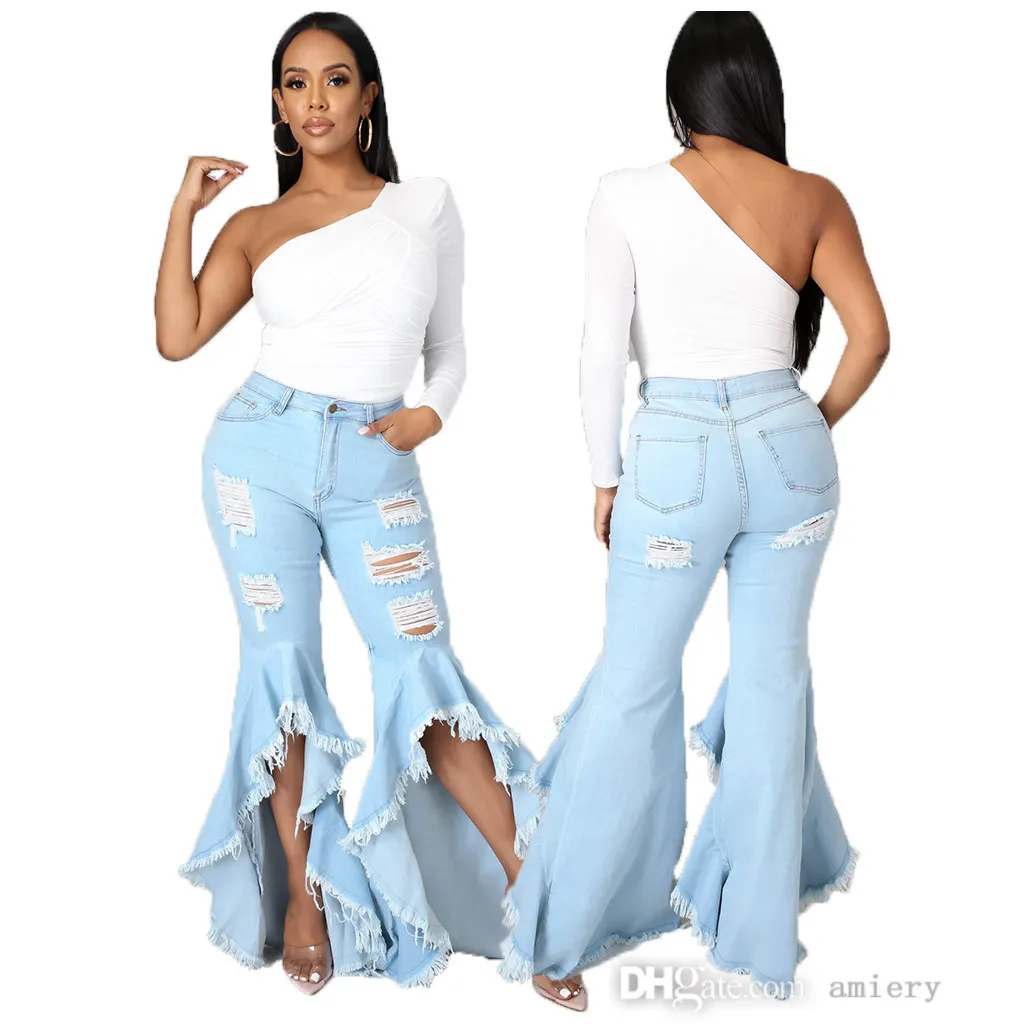 Vrouwen denim flard long pants bell bodem jeans broek sexy gat gescheurd volledige lengte leggings bodycon streetwear stijlvolle kleding plus size s-xxxl