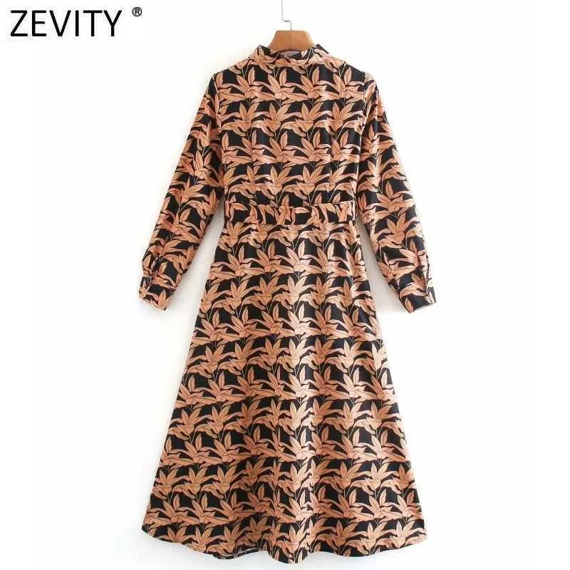 Zevity Women Vintage Tropical Leaves Print Bow Tied Sashes Midi Shirt Dress Office Lady Breasted Casual Slim Vestido DS4666 210603