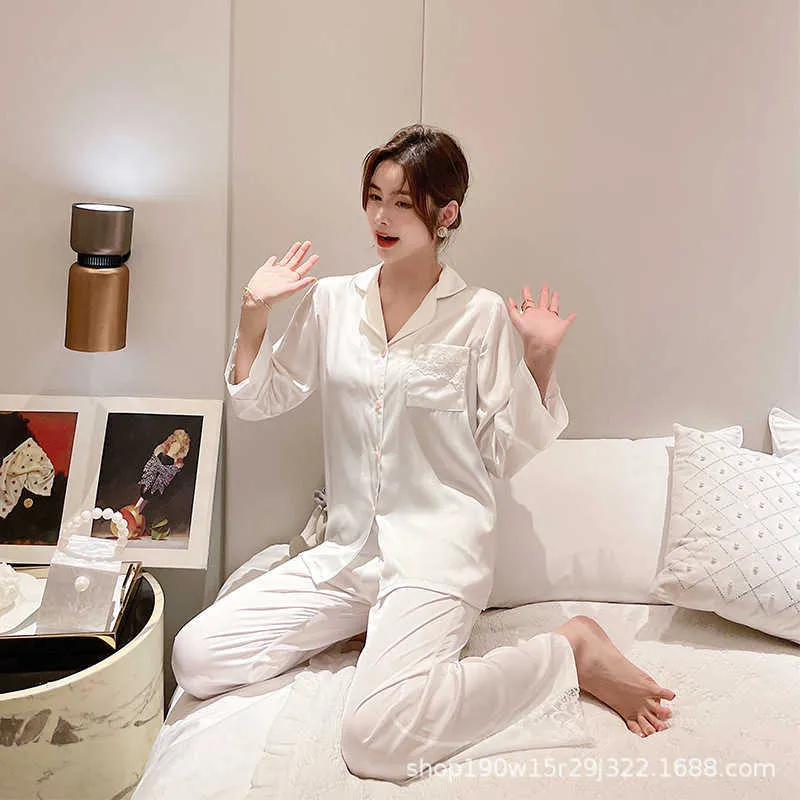 Sexy V-Neck White Satin Lace Trim Sleepwear Rayon Women Pajamas Long Sleeve Pants Home Suit Two Piece Set Nightwear Q0706