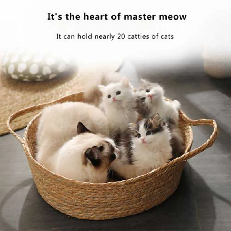 Pet Bed for Cats Supplies Hand Woven Rattan Soft Round Basket Nest Breathable Mat Sleeping Cool 211006